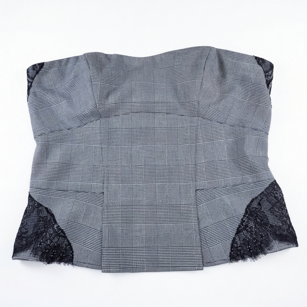 Victoria's Secret Strapless Corset Top Women 12 Black Plaid Lace Trim Coquette